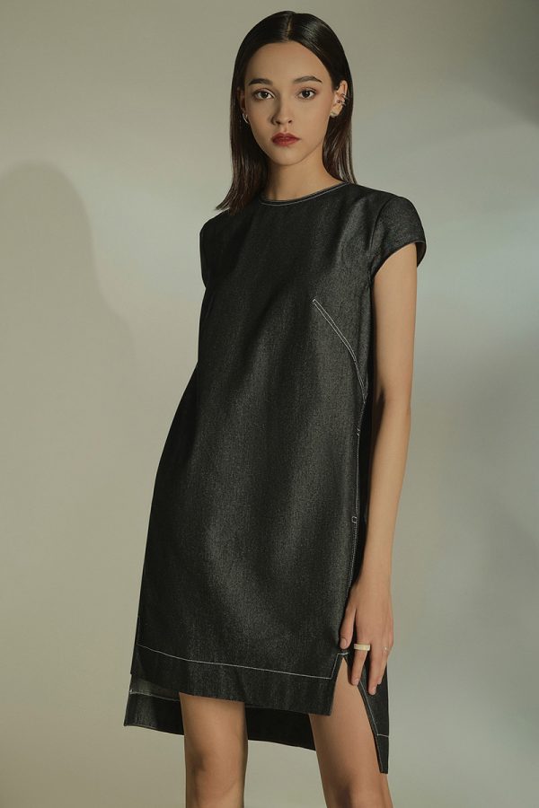 Rhea Silk Denim Mini Dress – Modern Structured Shift Dress – Elegant Evening Dress